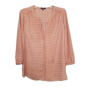 NYDJ Women's Orange Geo Print Pleated Back Button-Up Top Size Medium